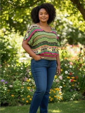 EYESHADWO  boho Green Multicolor Printed Dolman Top size xlarge